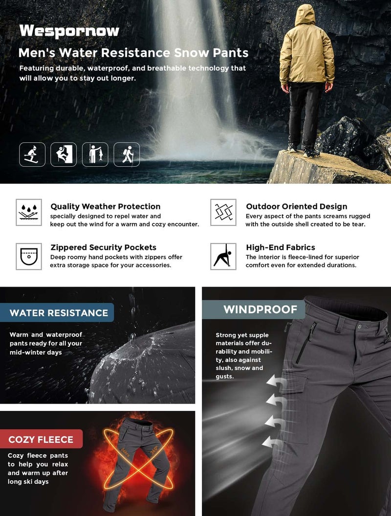 Wespornow Men's-Fleece-Lined-Hiking-Pants Water-Resistance-Snow-Ski-Pants Softshell Snowboarding Pants for Winter, Skiing, Outdoor (Grey, Large) - Image 4